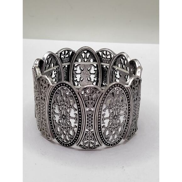 Vintage silver tone stretch bracelet ornate filigree style panel design - Picture 1 of 5